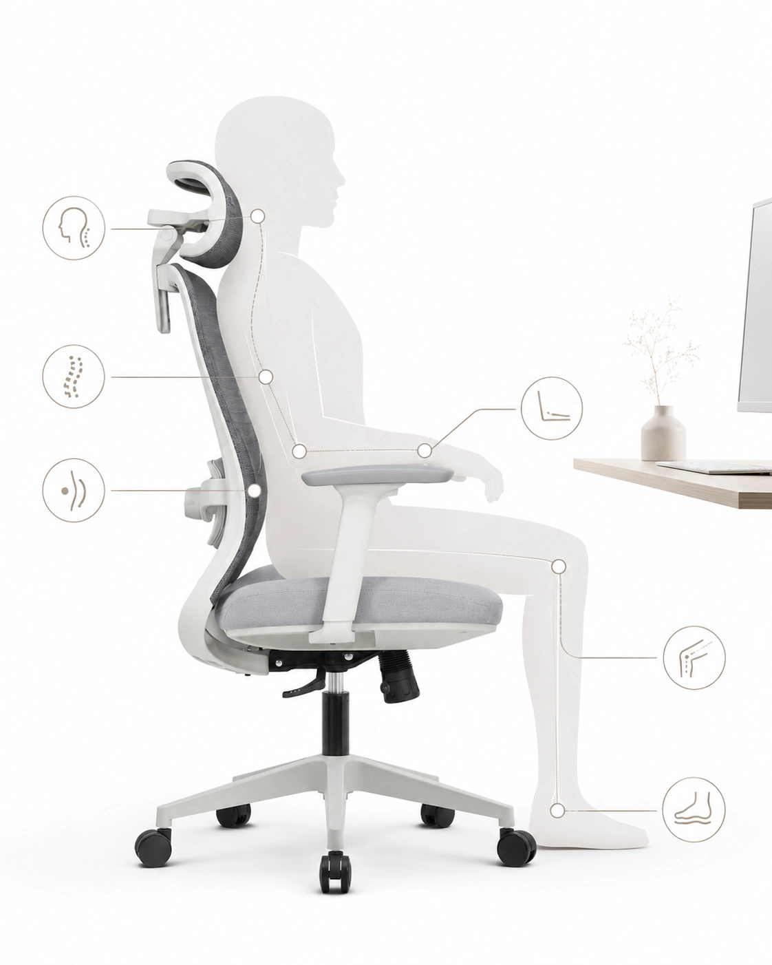 Infographic met de belangrijkste ergonomische aandachtspunten van een goede zithouding in een bureaustoel