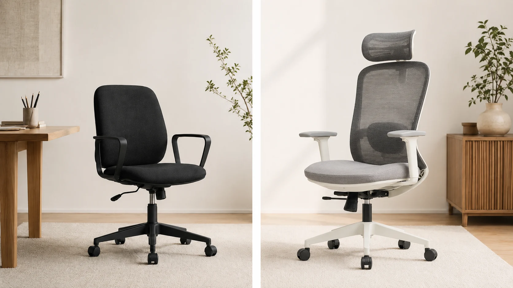 Vergelijking tussen een standaard bureaustoel en een ergonomische bureaustoel met extra ondersteuning